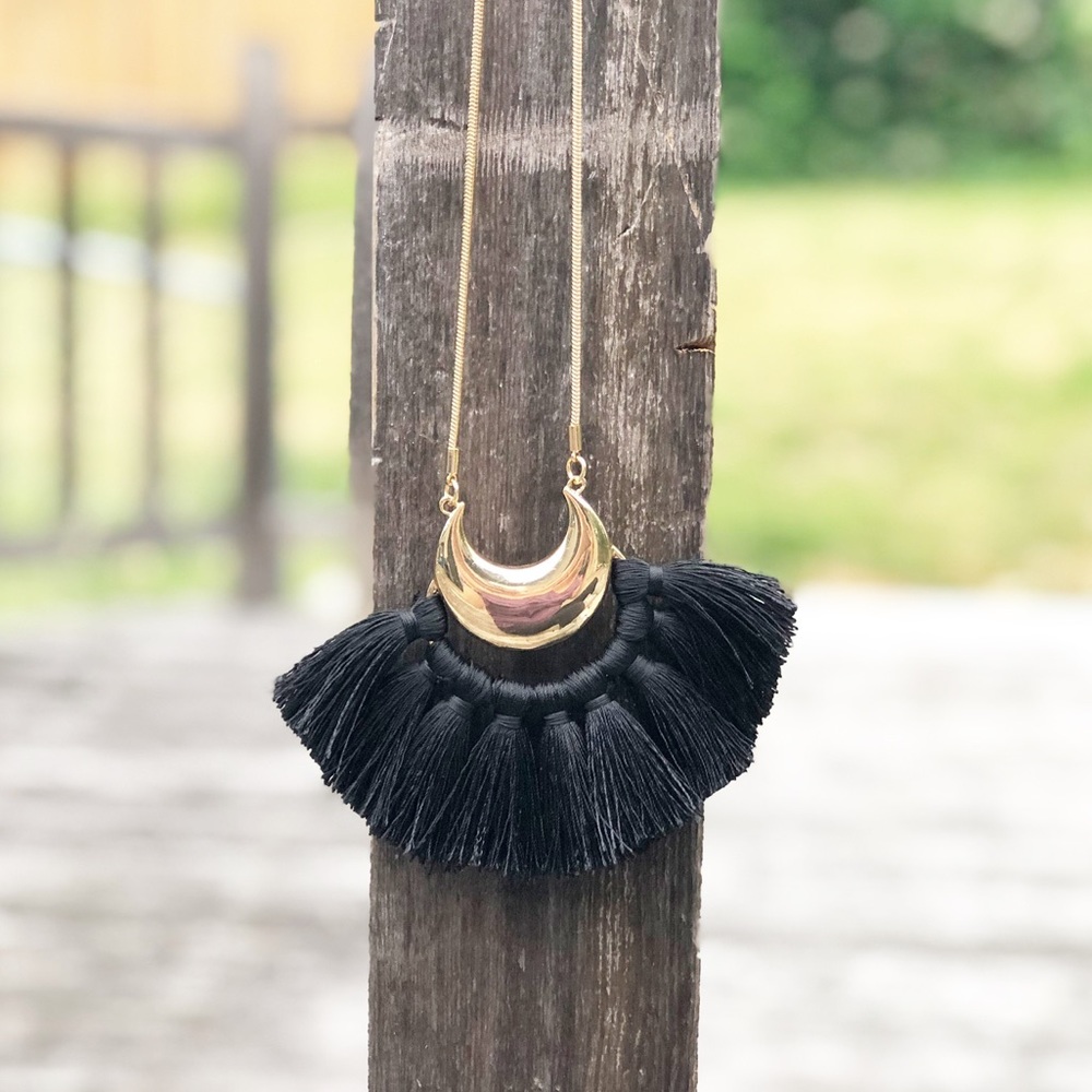 INC x Trina Turk Black Fan Crescent Long Necklace
